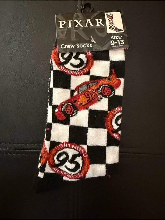 Disney Other - Cars themed Men’s Crew Socks - Red Race Car on Black & White Check